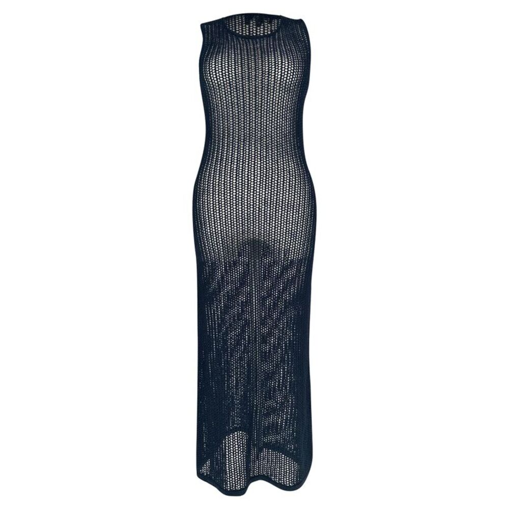 Theory Open-Knit Crochet Sleeveless Maxi Dress in Navy Blue Cotton